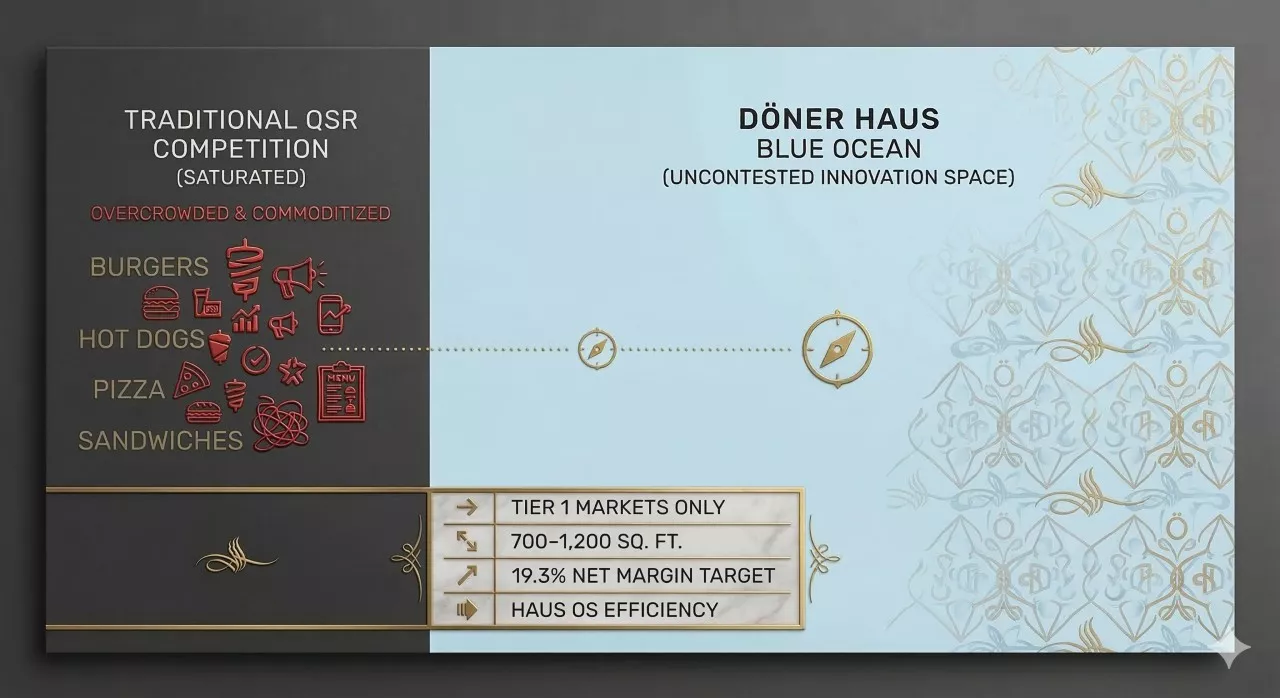 Two-panel chart contrasting saturated QSR categories with an uncontested doner segment, with a callout claiming a 19.5% net margin target