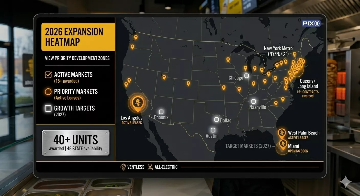 Black and gold US expansion heatmap with active, priority and growth-target markets and a panel reading 40+ units wanted across 48 states