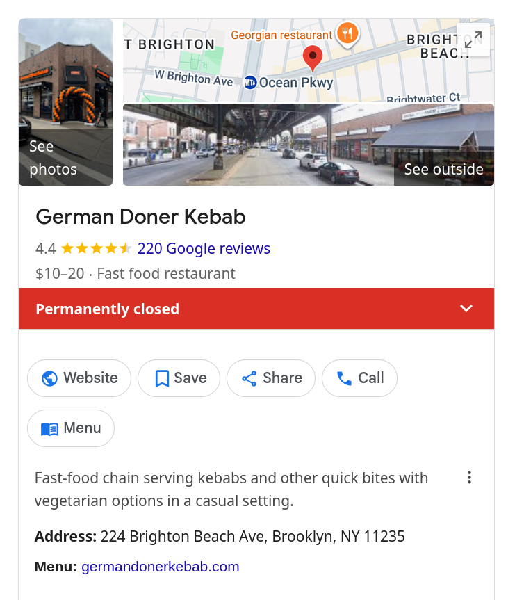Google listing for German Doner Kebab at 224 Brighton Beach Avenue, Brooklyn, marked permanently closed