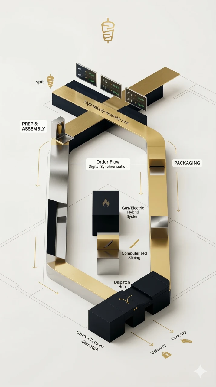 Exploded axonometric drawing of a small store shell with roof, walls and floor plate separated