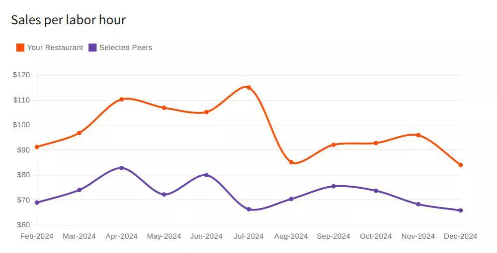 Line chart titled Sales per labor hour, one series running about $90 to $115 and a peer series about $70 to $85 across a year