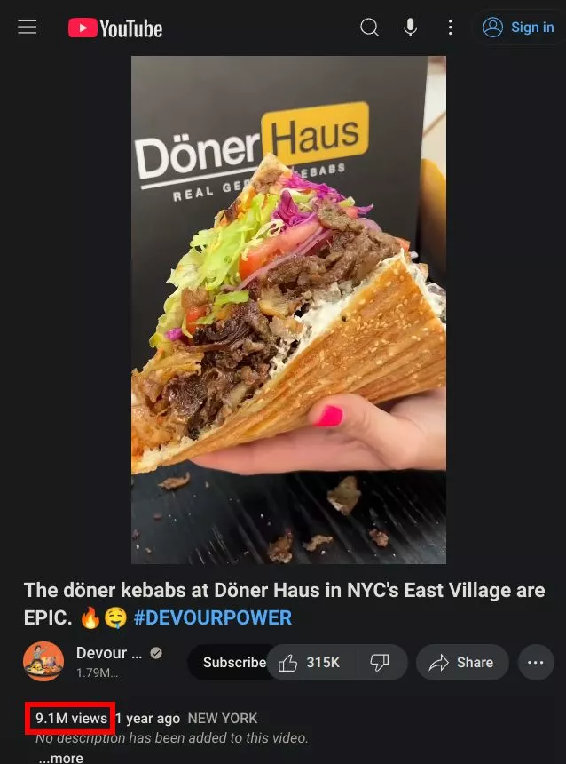 A video listing for a döner item showing a view count in the millions